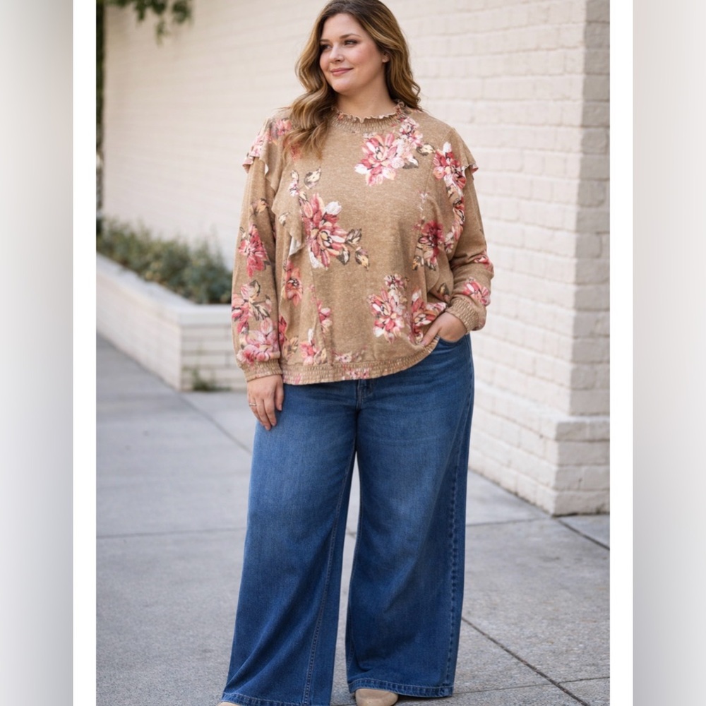 Maurices Sweater Tan Floral Lightweight Knit High Collar Size 1X Front Ruffles